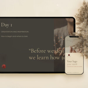 iPhone and iPad displaying pages from Your Logo, Your Mark, a self-guided digital workbook by camille barrios that helps conscious creators, coaches, practitioners, and small business owners design a meaningful logo and visual identity.